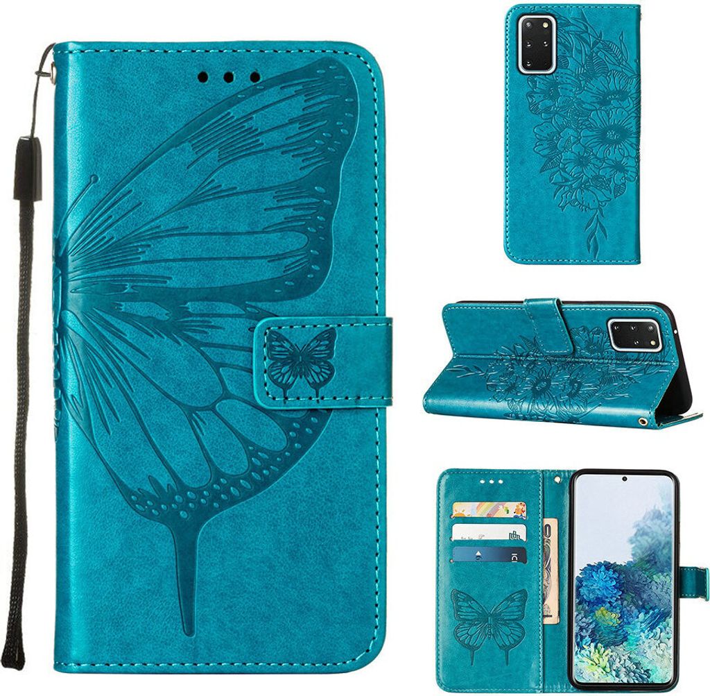 Galaxy S20 Plus Hülle, Schmetterling Prägung Flip Leder Kartenfächer Schutzhülle Ledertasche mit Ständer für Samsung Galaxy S20 Plus Blau