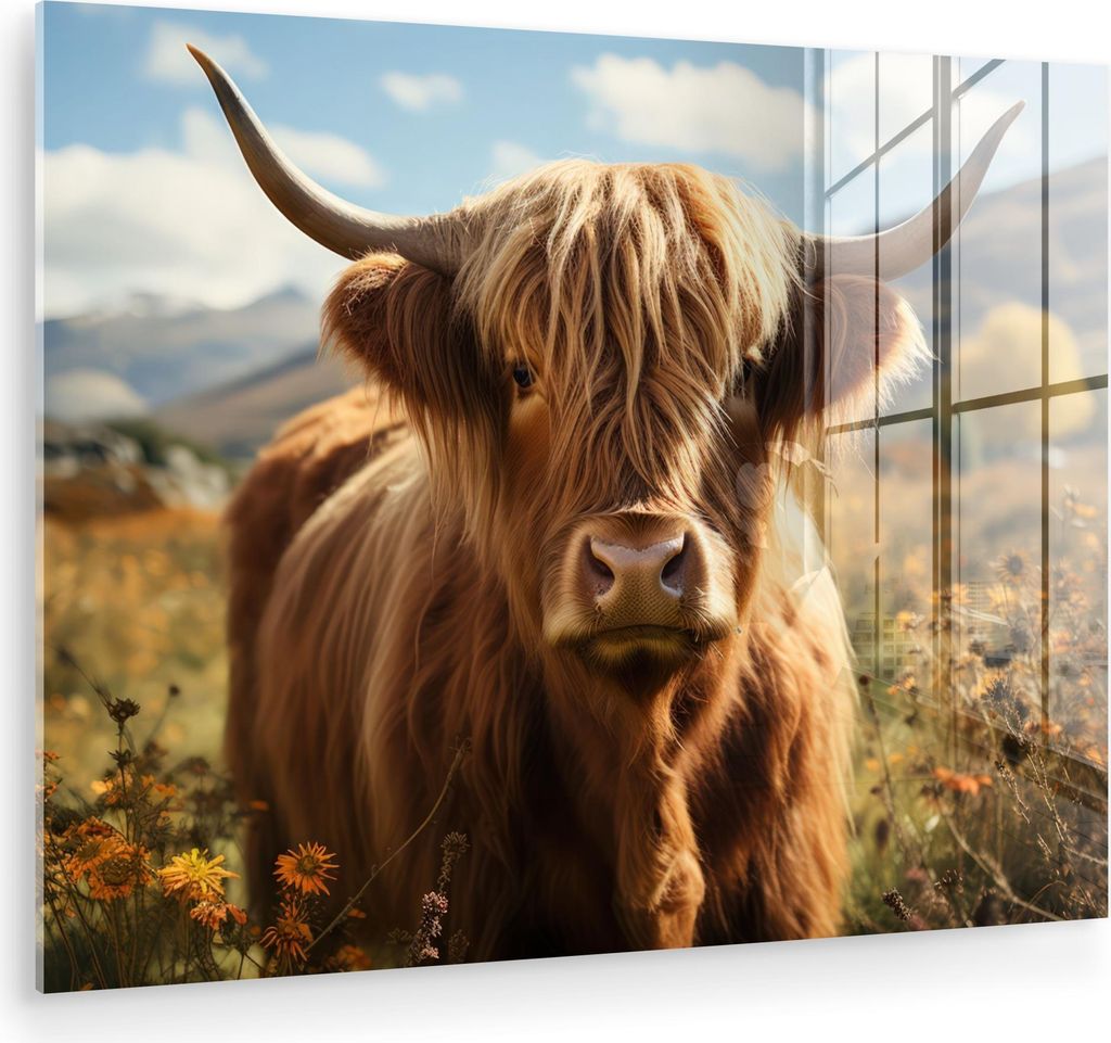 MuchoWow Glasbilder - Bilder auf Wandbild - Foto auf Glas Schottisches Hochlandrind - Tierporträt - Natur - Tier 40x30 cm Wanddekoration aus Glas ...