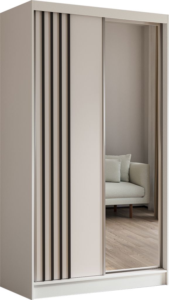 120 cm Kleiderschrank Neli mit Lamellen und Spiegel inklusive 2 Schiebetüren Schwebetürenschrank (Farbe: weiß, weiß, Lamelle schwarz)