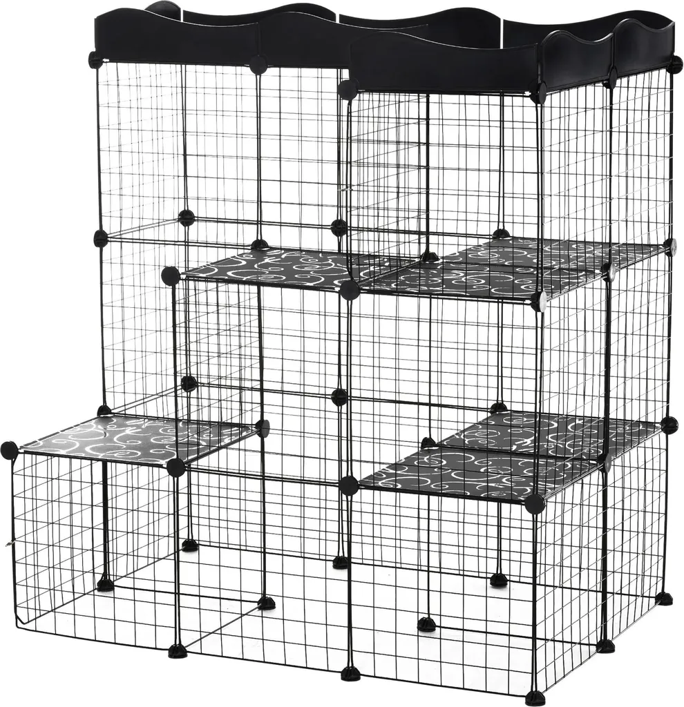 Enclos modulable à étages pour lapins et rongeurs en métal noir robuste