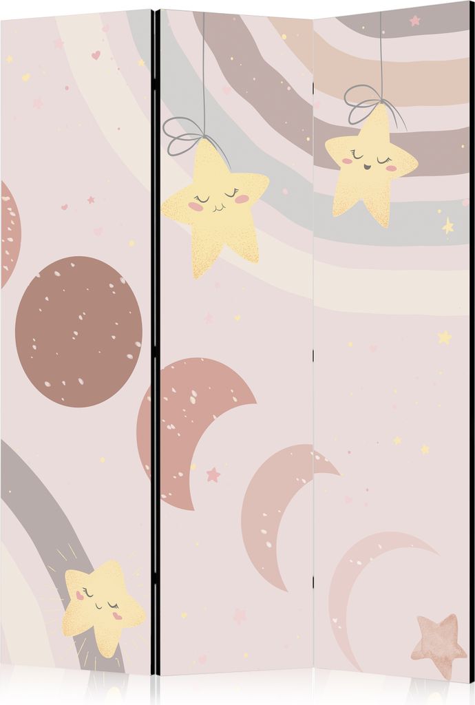 3-teiliger Doppelseitiger Vlies Paravent - Joyful Sky - Yellow Cheerful Stars with a Rainbow Against the Phases of the Moon - in the Sky Colored Li...