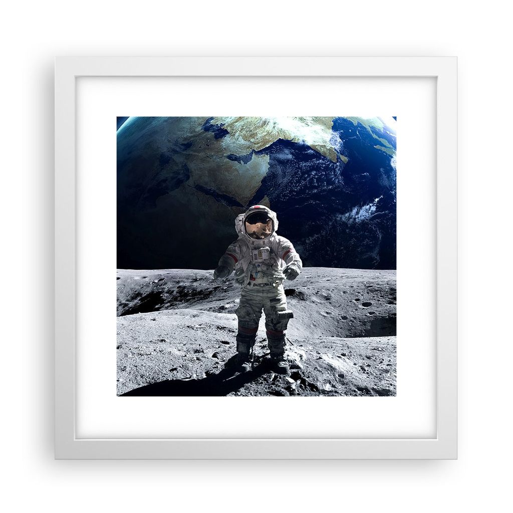 Gerahmtes Poster - Weißer Rahmen - Astronaut Mond Erde Raum - 30x30 cm - Wand Bild - Wanddeko - Wandbilder - Kunstposter - Wandposter - Bilderrahm...