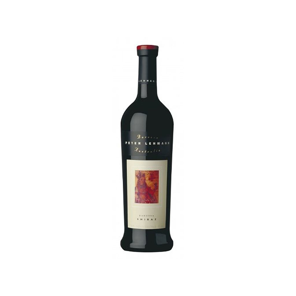 A bottle of Peter Lehmann Shiraz wine against a white background.