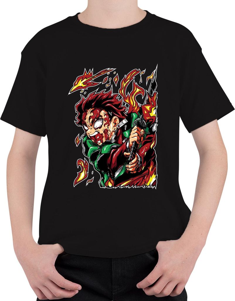 Dämonenjäger Samurai Katana Feuer Anime Geschenk Japan Y2K Streetwear Uni Kinder T-Shirt, Schwarz, 152