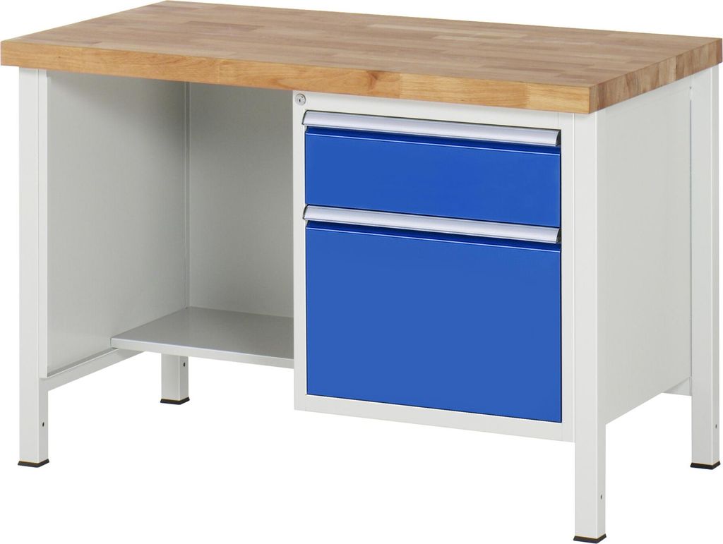 Werkbank mit Ablageboden - 2 Schubladen - Teilauszug - 180:1 / 360:1 - 840 x 1.250 x 700 mm (HxBxT) - Traglast 1.250 kg - Buche