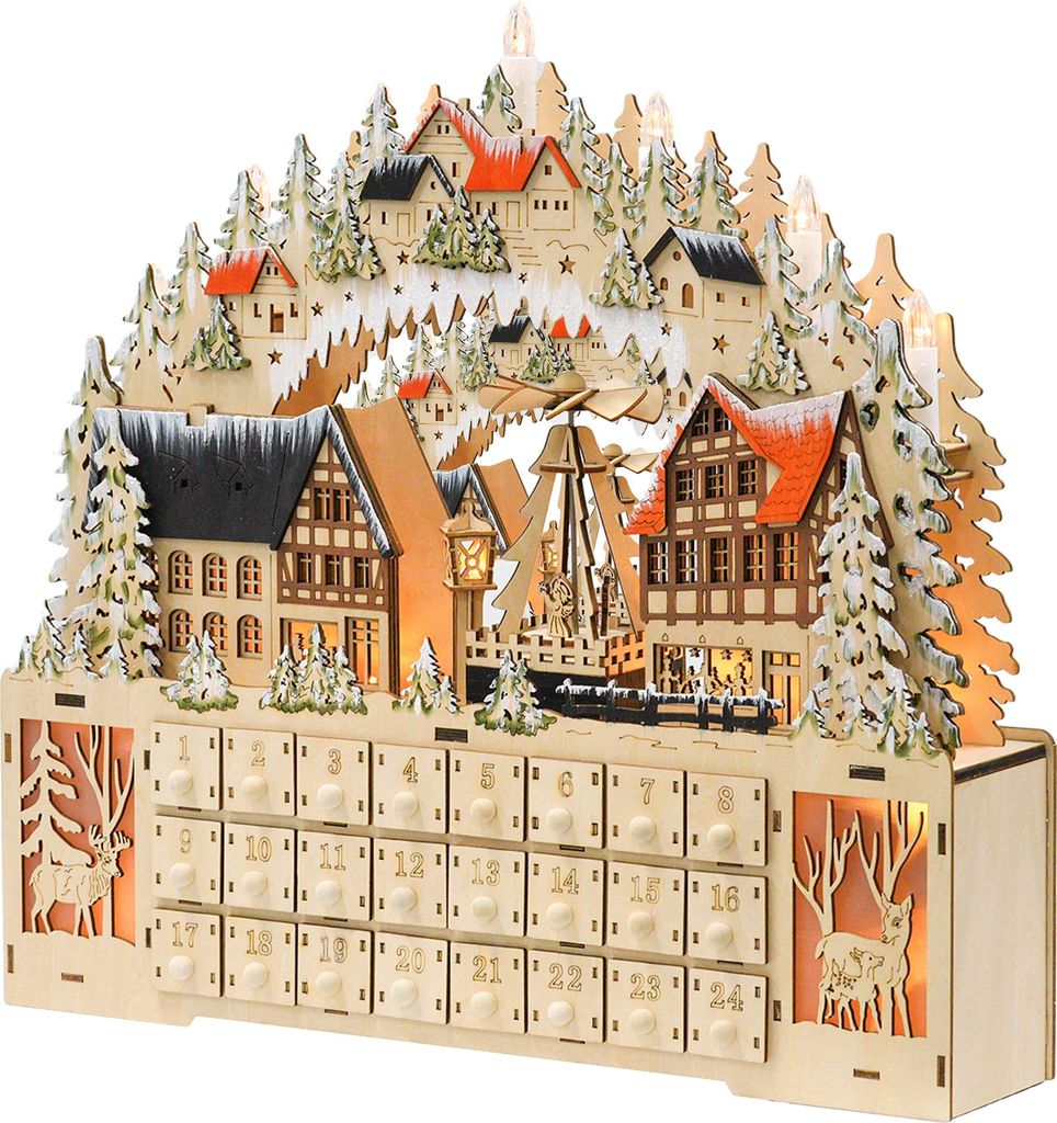 Adventskalender, Weihnachtsdorf, 18 LEDs, 24 Schubladen, wiederverwendbar, 45 x 9 x 42,5 cm