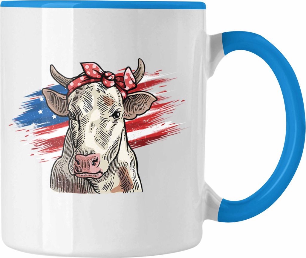 Trendation - Amerikanische Kuh Tasse Geschenk für Landwirt Bauern Geschenkidee Geburtstag Frauen (Blau)