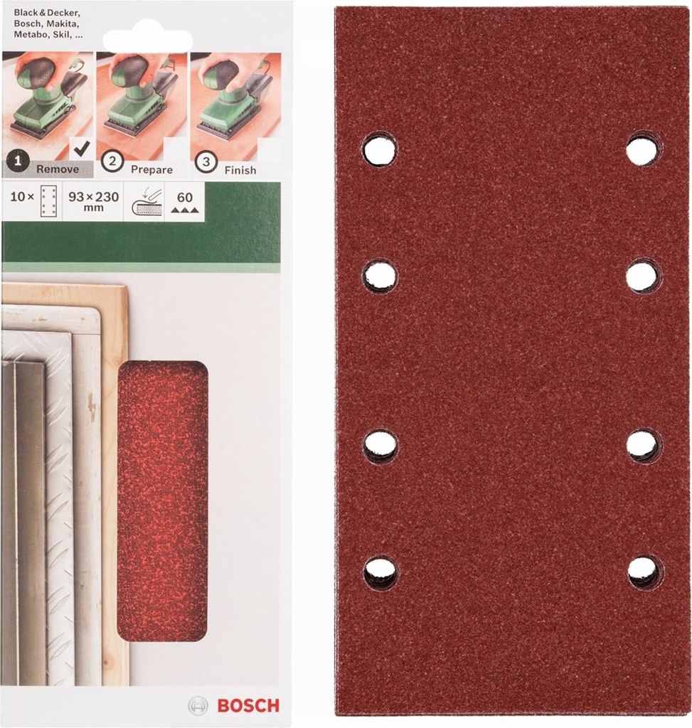 Bosch Schleifblatt Klett 10 Stück, 93 x 230 mm, Körnung 60 für Schwingschleifer