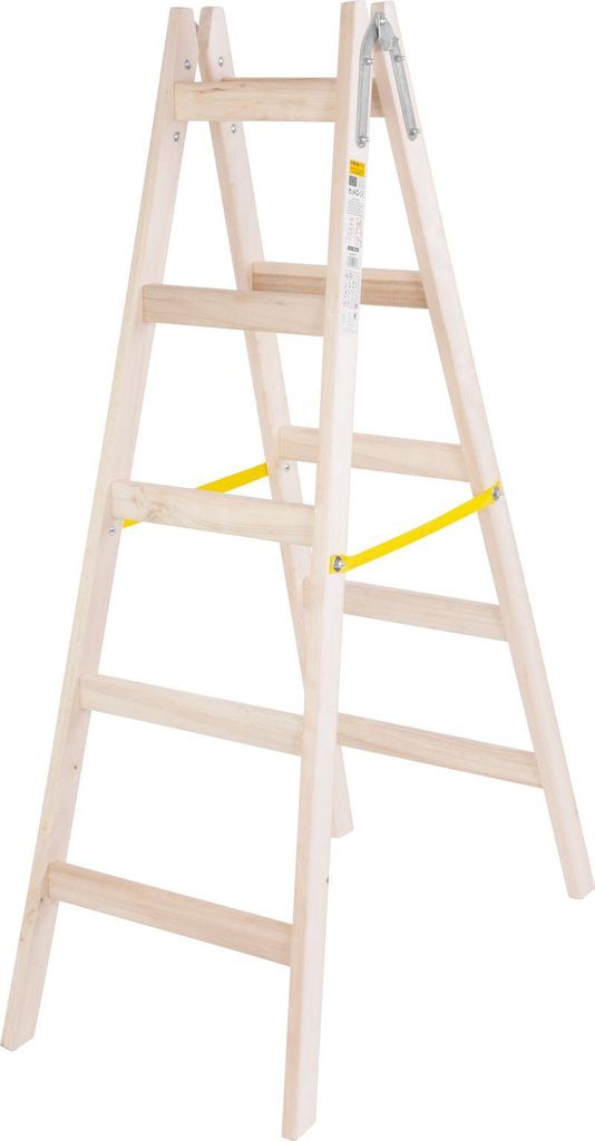 A wooden stepladder against a white background.