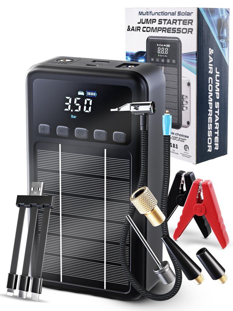 FIX IT FRANK 4-in-1 Auto Starthilfe mit Kompressor, Powerbank & LED-Notfalllicht, 12V Jump Starter bis 6.0L, Energiestation