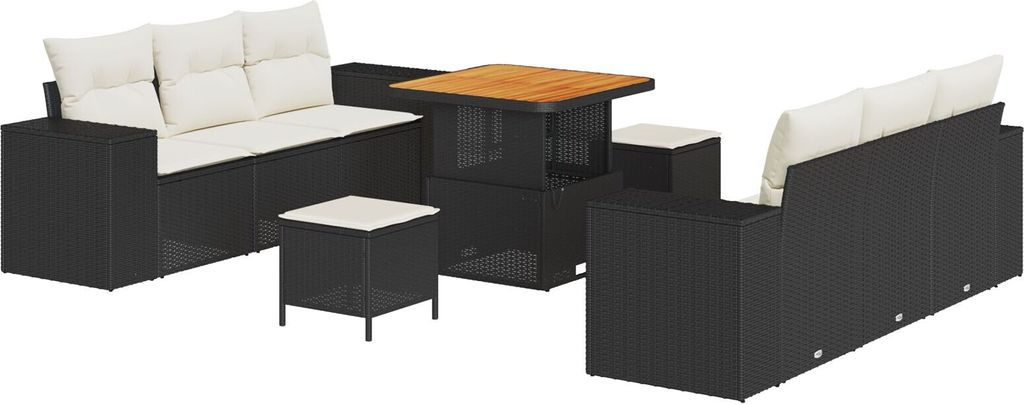Möbel 9-teiliges Garten Sofa Set mit Kissen Schwarz Poly Rattan Akazie, 3-teiliges Garten Esszimmer Set mit Kissen Schwarz Poly Rattan Akazie - Ga...