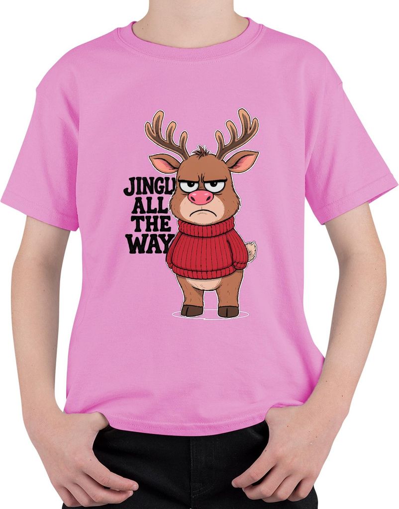 JINGLE ALL THE WAY lustiges Rentier Weihnachten sarkastisch retro Uni Kinder T-Shirt, Pink, 140