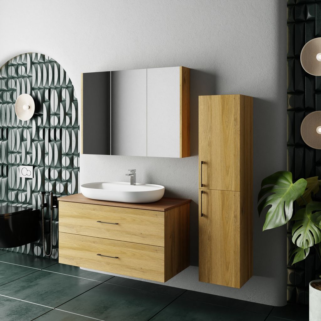 Badmöbel Set Verona Konsole 100 Walnuss | Waschbecken Waschtisch Spiegelschrank