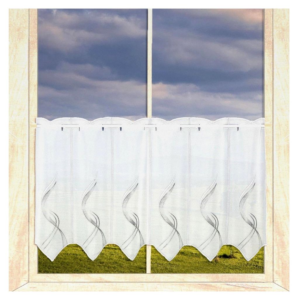 Halbtransparente Scheibengardine Samara | Moderner Kurzstore mit Wellen-Stickerei in Weiß, Hell- und Dunkelgrau | Höhe x Breite 45 x 128 cm