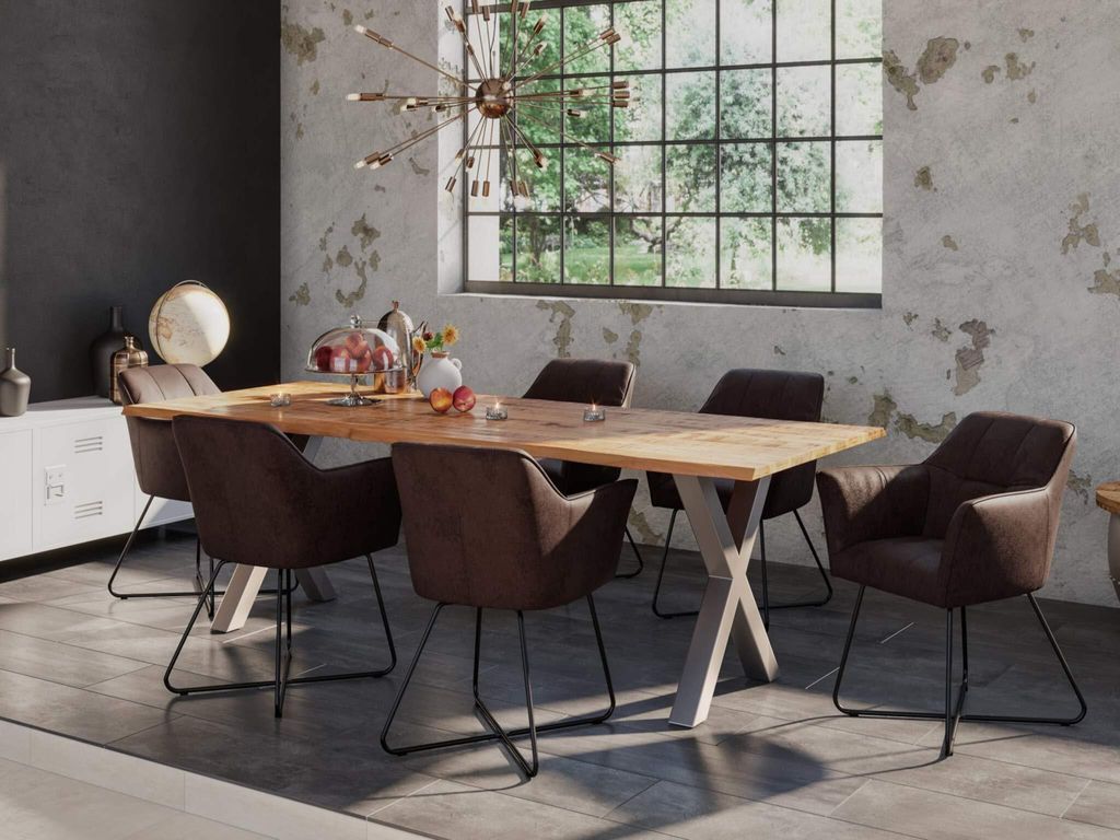 7tlg. Essgruppe Dora 220 x 100 cm, Mangoholz massiv & naturfarben, Baumkantentisch mit X-Metallgestell in Silber + 6X Stuhl Kirin in Wildleder-Optik