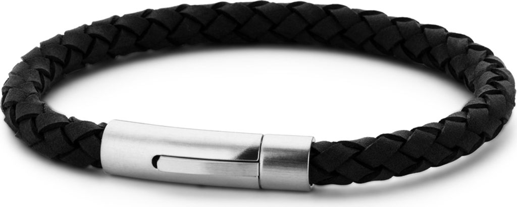 Frank 1967 7FB-0220 Stalen Heren Armband met Leer - Gevlochten - Lengte 21 cm - Zwart