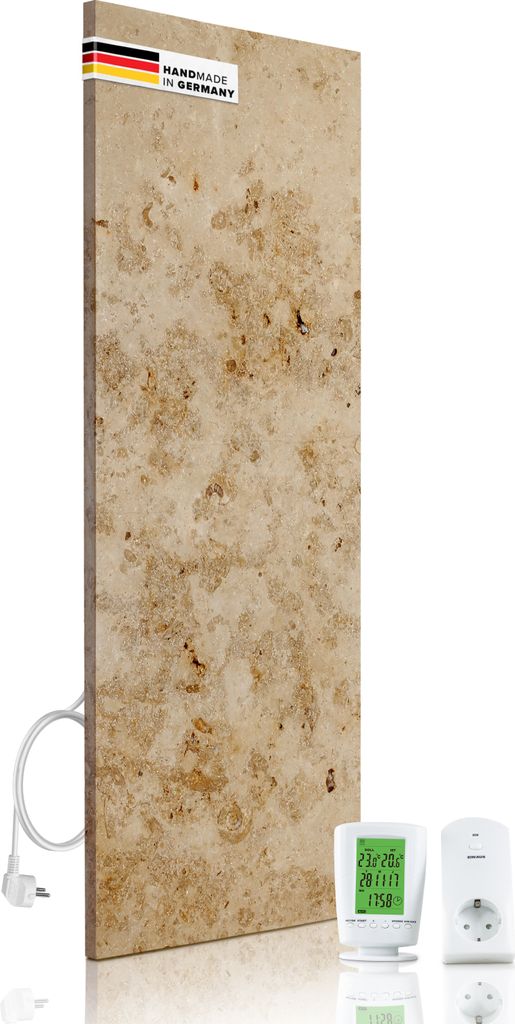 A marble-patterned infrared heater with a digital thermostat and a power outlet adapter, presented on a white background.