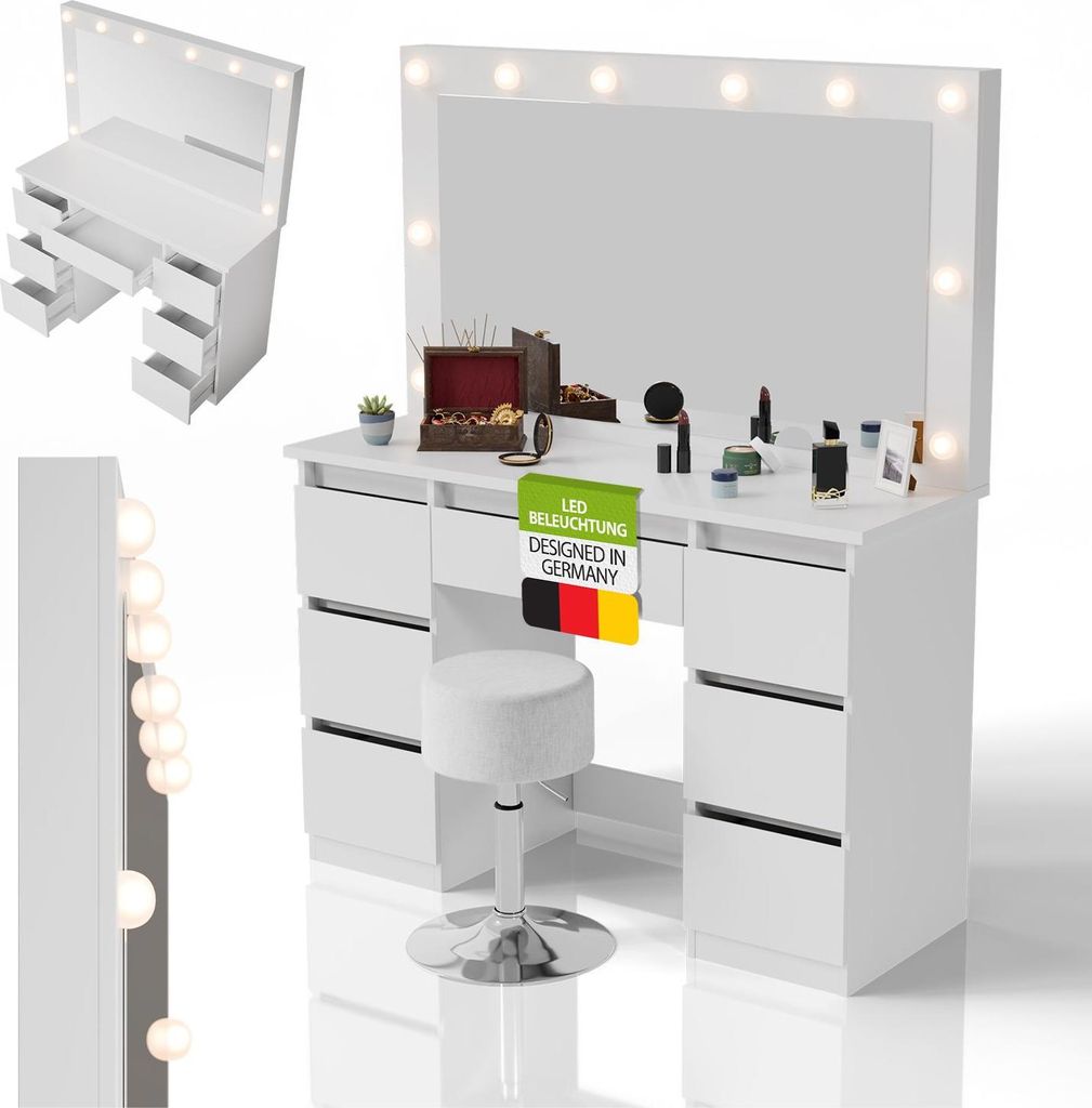 Juskys Schminktisch Lilia mit LED & Hocker Tonia, 7 Schubladen & großem Spiegel – Weiß