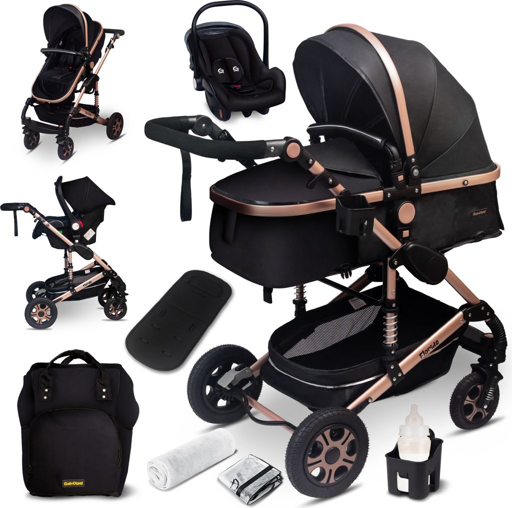 GaGaDumi Florida Kinderwagen 3 in 1 Komplettset mit Autositz - Baby Stroller TÜV - Kombikinderwagen 3 in 1 Komplettset Voll-Gummireifen - Wickeltasche