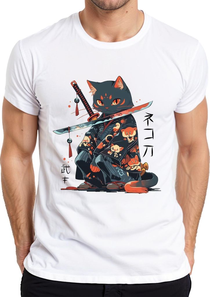 Samurai Katze Katana Kimono Kawaii Neko Japanisch Retro Manga Herren T-Shirt, Weiß, L