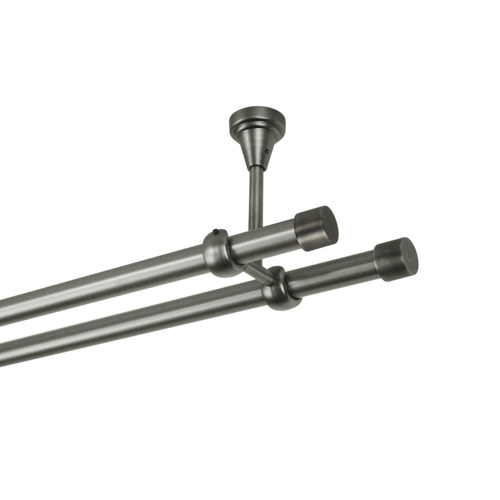 A double curtain rod system mounted to a ceiling.