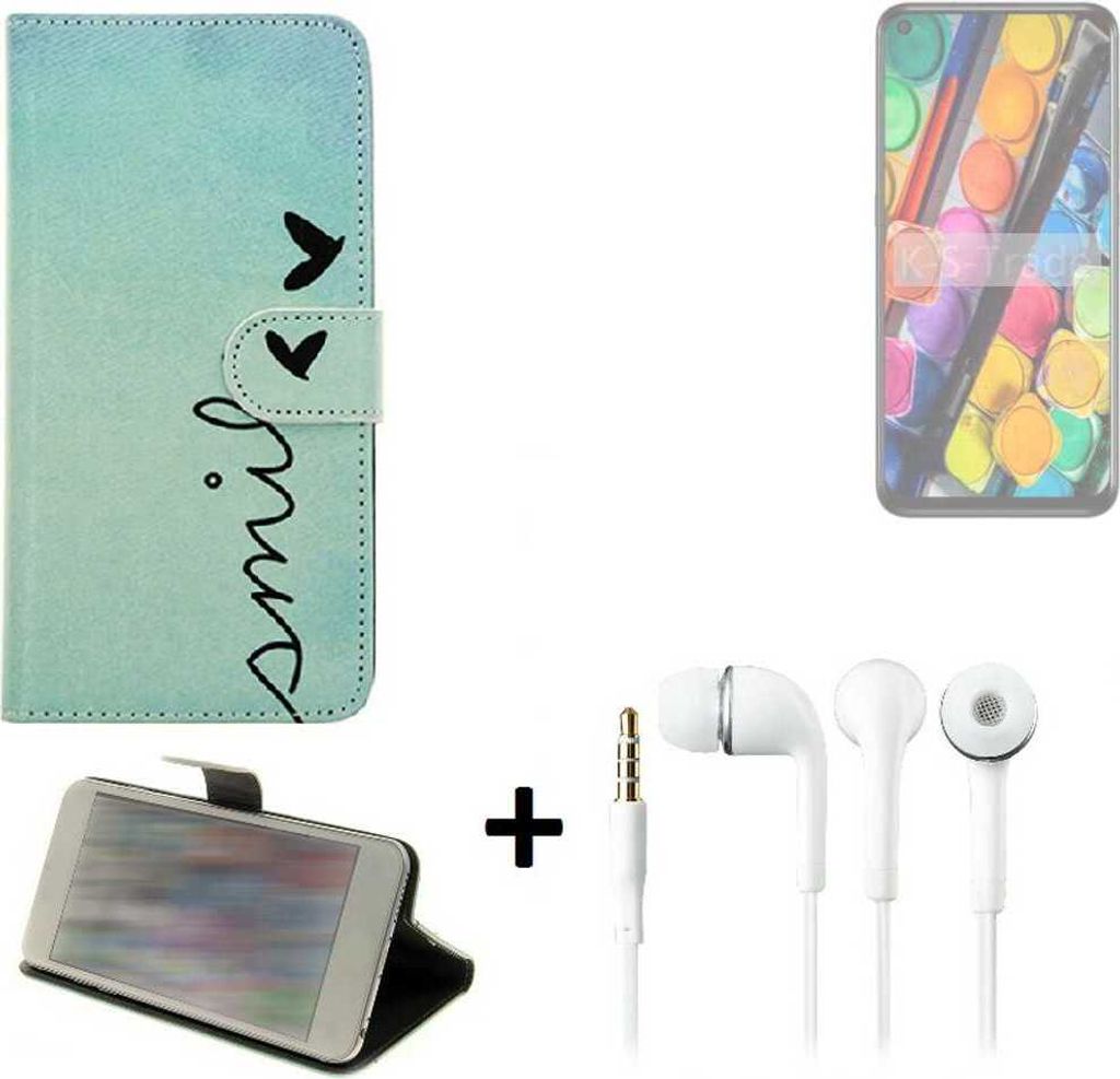 K-S-Trade Schutz Hülle Handy Hülle kompatibel mit TCL PLEX 360° Wallet Case Schutz Hülle ''smile'' inkl. Ohrstöpsel Smartphone cover Flipstyle