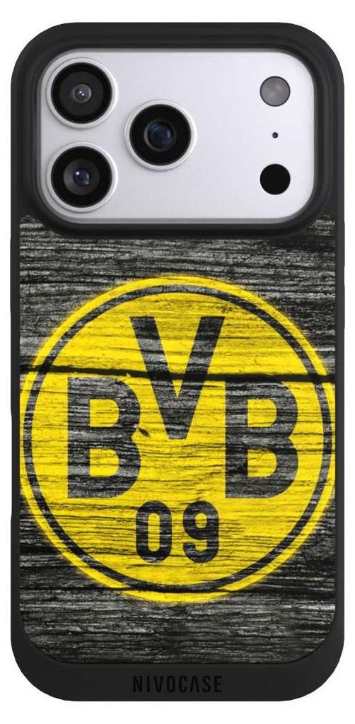 NIVOCASE Handyhülle für Apple iPhone 17 Pro Hülle NIVOpure Case Schwarz BVB Borussia Dortmund Holzoptik