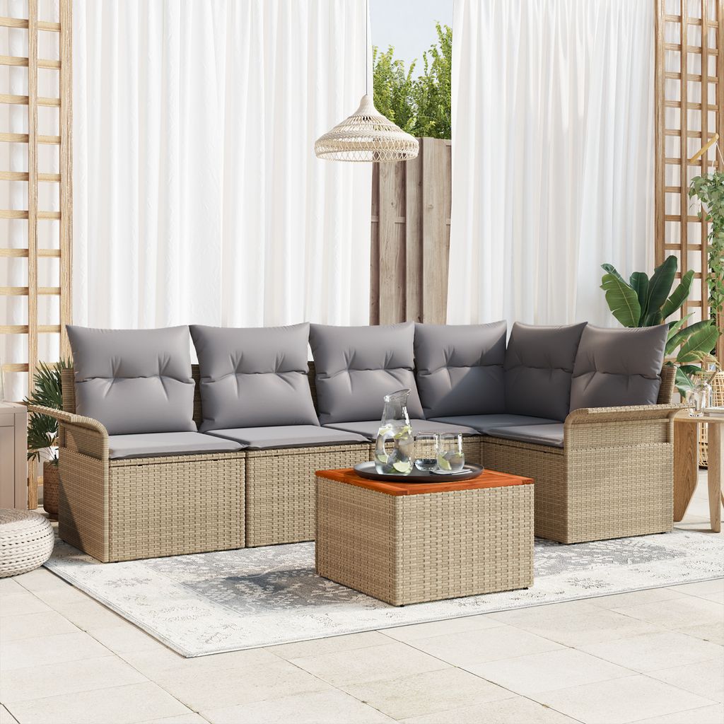 Desgin 6-teiliges Garten-Sofa-Set mit Kissen Beige Poly Rattan Akazie - Gartensofas 3355998