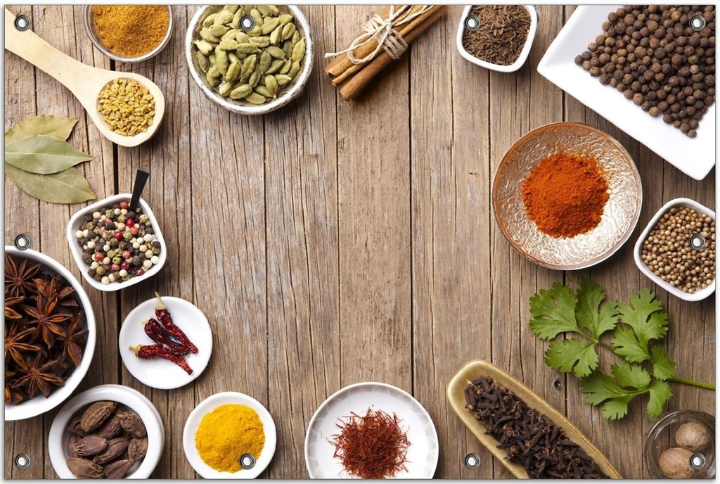 Wallario Outdoor-Poster für Garten oder Balkon, Motiv Gewürze in Schüsseln auf einem alten Holztisch in der Küche, in ca. 80 x 120 cm