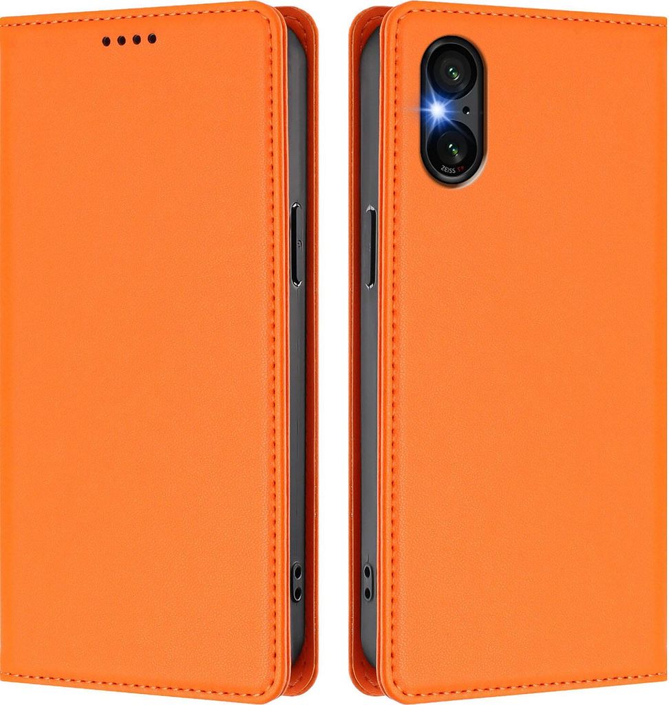 Handyhülle für Sony Xperia 5 VI, Kunstleder Klapphülle Stoßfeste Magnetische Hülle mit Ständer Orange