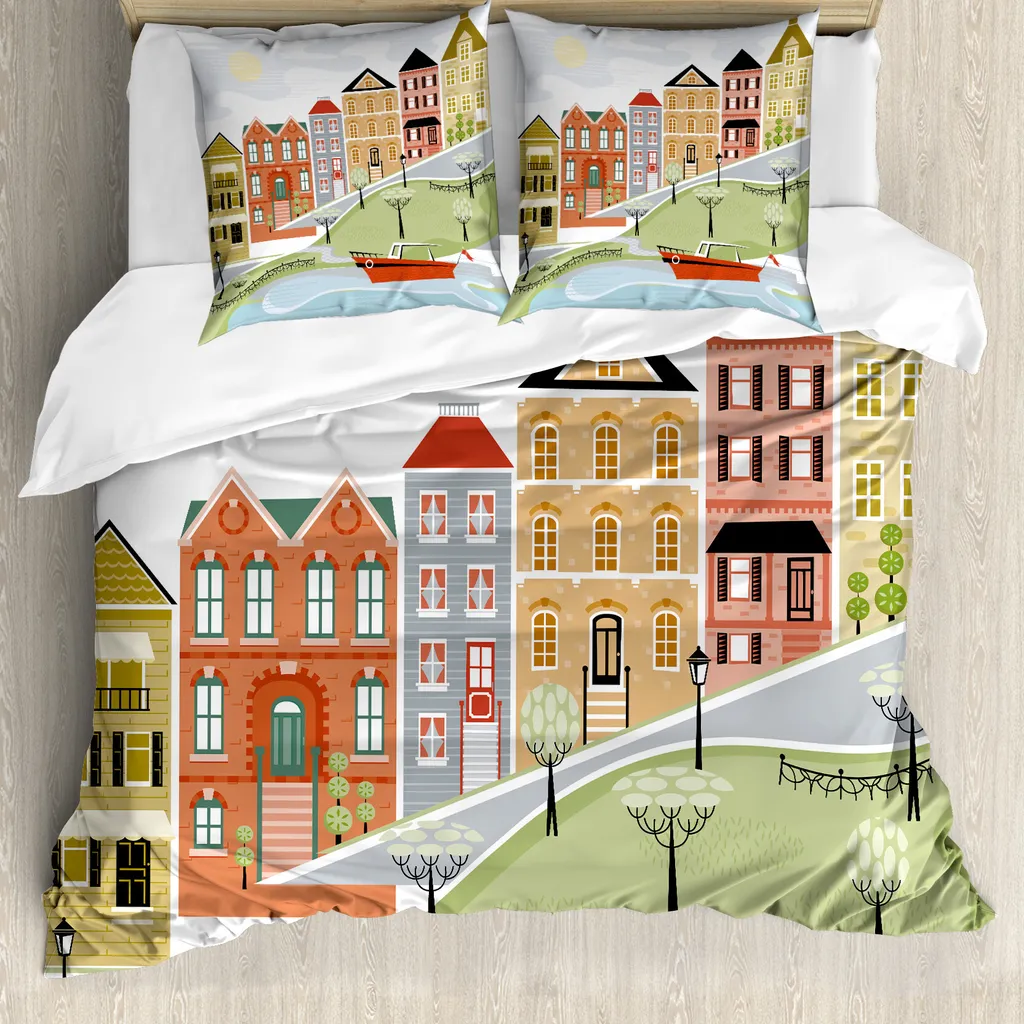 ABAKUHAUS Set copripiumino con caricatura Per letti matrimoniali, pittoresca strada di paese, antiacaro, adatto a chi soffre di allergie, con federe, anatra verde