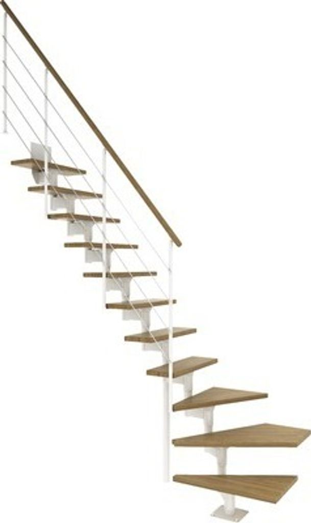 Pertura Mittelholmtreppe Hera Eiche Weiß 1/4 gewendelt unten links/rechts 75 cm 11 Stufen / 12 Steigungen Relinggeländer