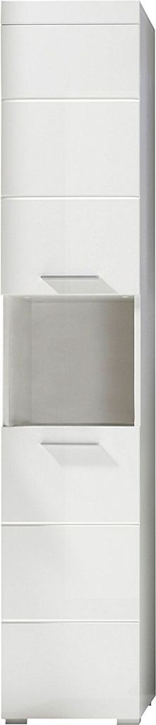 A tall, narrow white cabinet with a central open shelf.