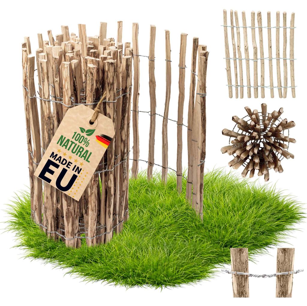 Floranica Staketenzaun aus Haselnuss Kastanie 1 laufender Meter x 90cm hoch 8-10cm Zwischenraum Hühnerzaun Lattenzaun Gartenzaun, Rollzaun,Hundezaun
