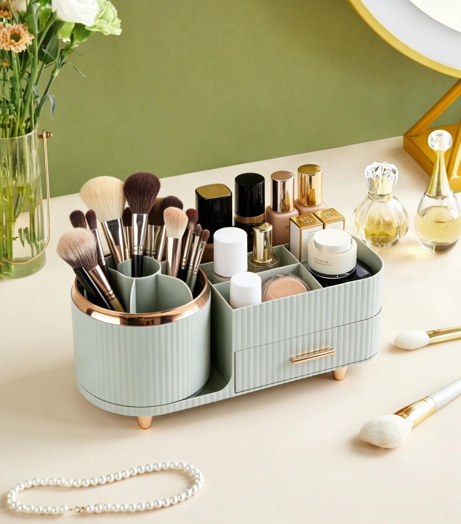 OKWISH Make Up Organizer mit Schubladen Kosmetik Box Tragebar Make-Up Schubladeneinsatz Schmuck Koffer Ohrringe Armband Ringe Grün