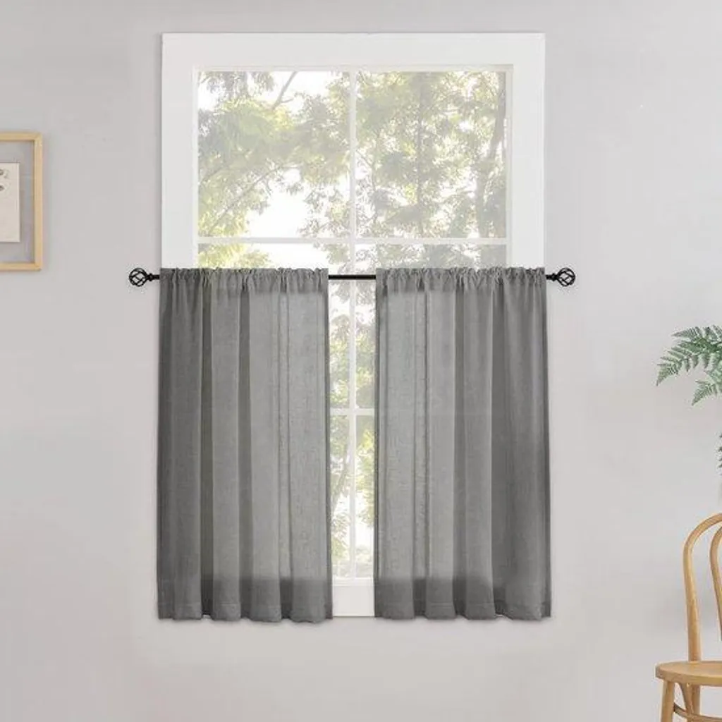 Rideaux gris aspect lin 120 x 60 cm, voilages tamisants - Lot de 2