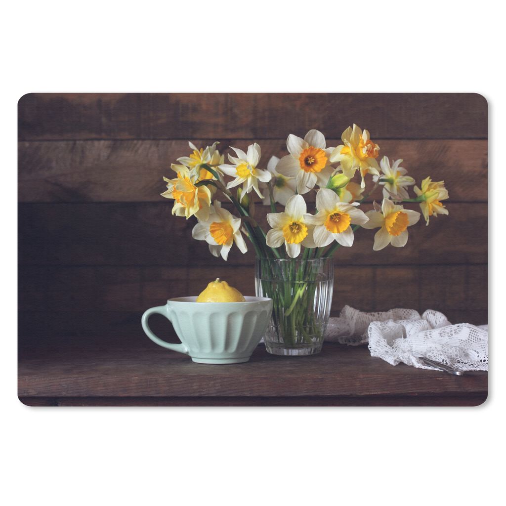 MuchoWow Schreibtischunterlage Narzissen - Teetasse - Stilleben 60x40 cm - XXL Mauspad - Großes Mauspad