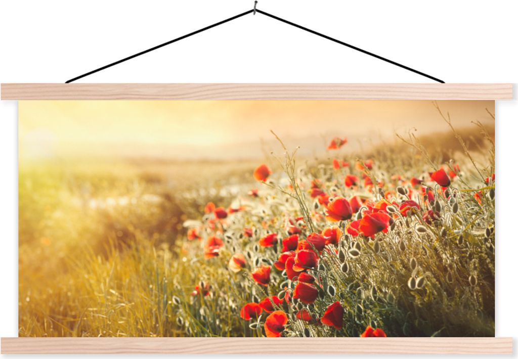 MuchoWow Textilposter Sonnenstrahlen über einem Mohnblumenstrauß 60x30 cm mit holzfarbenen Rahmen - Dekoration