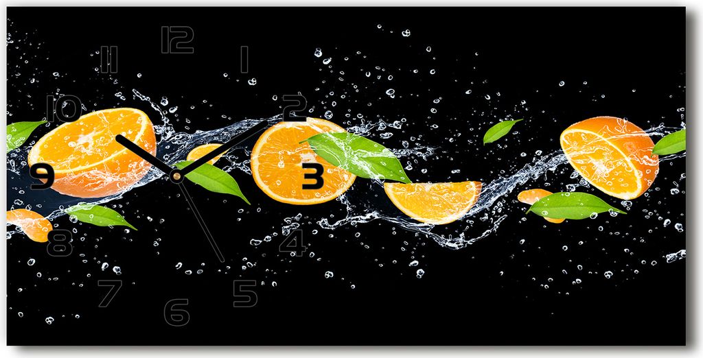 Wanduhr aus Glas – 60x30 cm - Glasbild - Glasuhr - Gehärtetes Glas - schwarze-zeiger - Orangen und Wasser