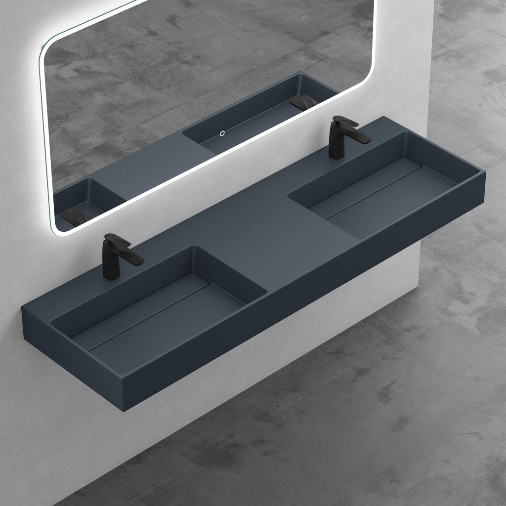 Mai & Mai Aufsatzwaschbecken Doppel-Waschbecken mit 2 Armaturenlöcher Hängewaschbecken 160x48x13cm in matt Anthrazit aus Mineralguss ohne Überla...