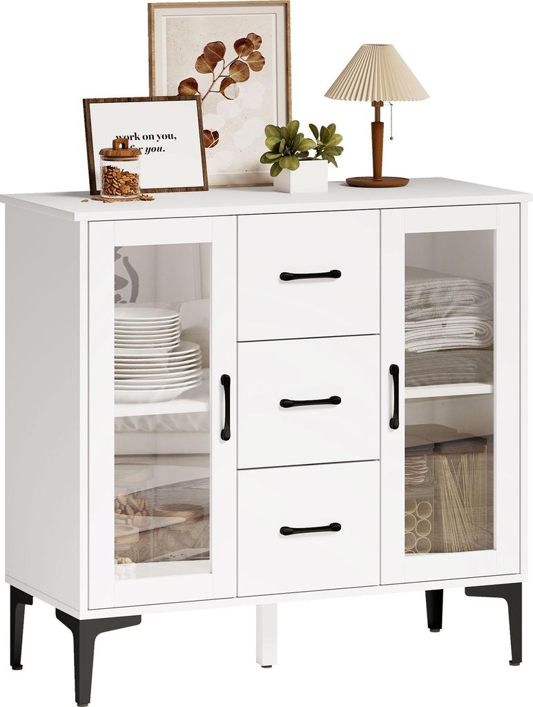 HOMCOM Kommode Sideboard mit 3 Schubladen 2 Glastüren verstellbaren Regalen Weiß