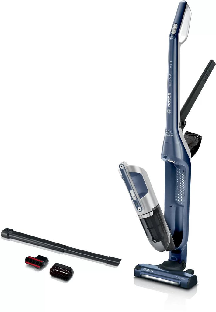 A blue Bosch Serie 4 cordless vacuum cleaner with accessories, displayed against a white background.
