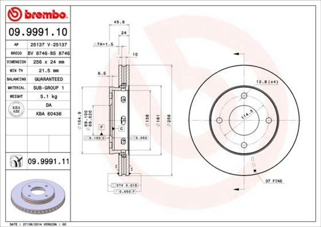BREMBO 09.9991.11 Bremsscheibe OE 4605A068 kompatibel mit Forfour, Colt