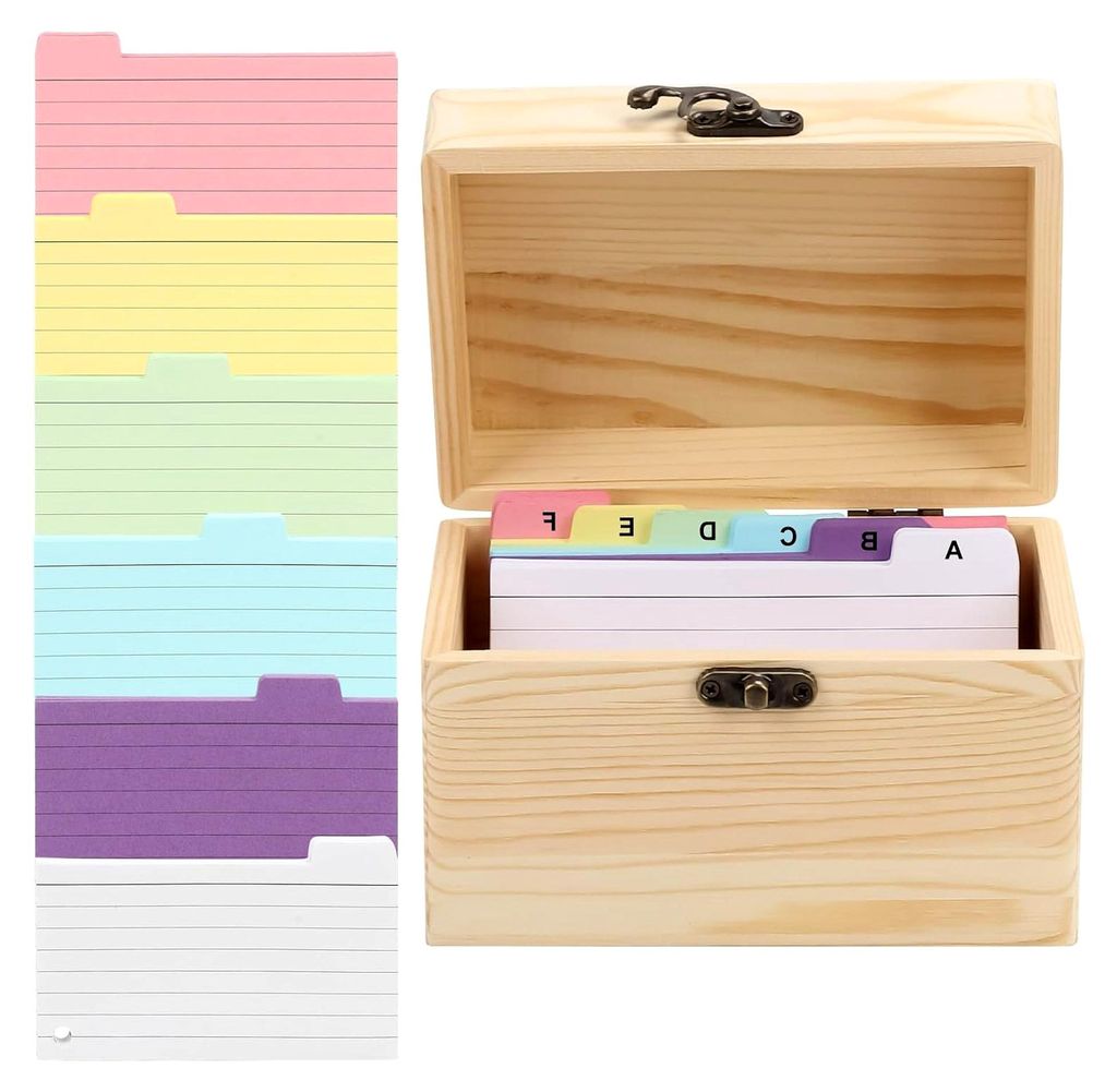 Karteikartenbox aus Holz mit Deckel, inklusive 150 Karteikarten für Sprachprüfungen und tägliches Lernen