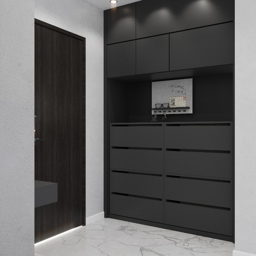 A modern entryway with a dark wood door and a sleek, modular gray matte shoe cabinet.