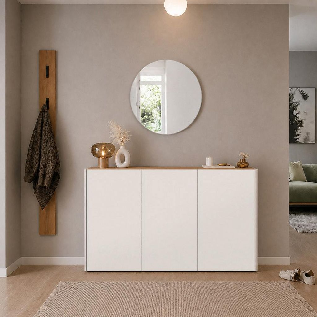 Garderobenset 3-teilig mit Schuhschrank, Spiegel & Garderobenpaneel in Beige mit Eiche - LAPUA-01