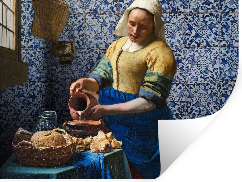 MuchoWow Wandtattoo Wandsticker Wandaufkleber Milchmädchen - Delfter Blau - Vermeer - Gemälde - Alte Meister 160x120 cm Selbstklebend und Repos...