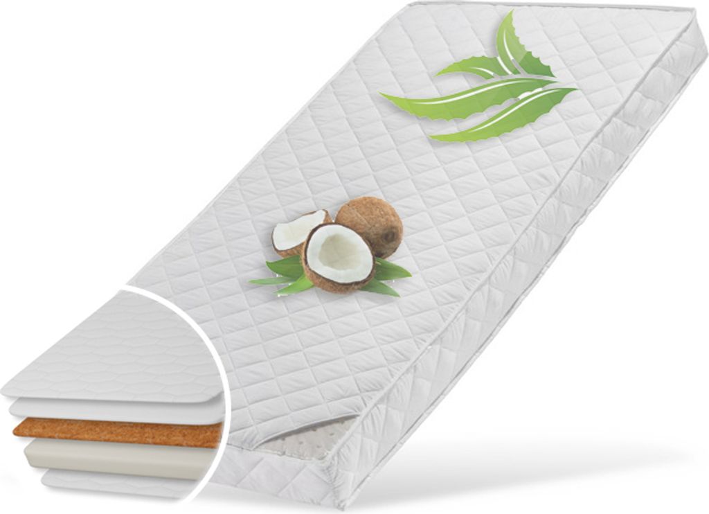 A white quilted mattress with layered cutaway view, featuring images of aloe vera and coconuts.