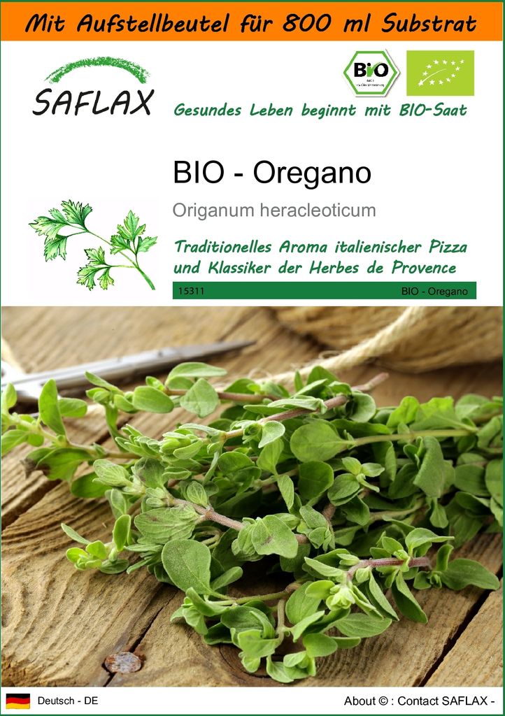 SAFLAX - Garden in the Bag - BIO - Oregano - 1500 Samen - Mit Anzuchtsubstrat im praktischen, selbst aufstellenden Beutel - Origanum heracleoticum