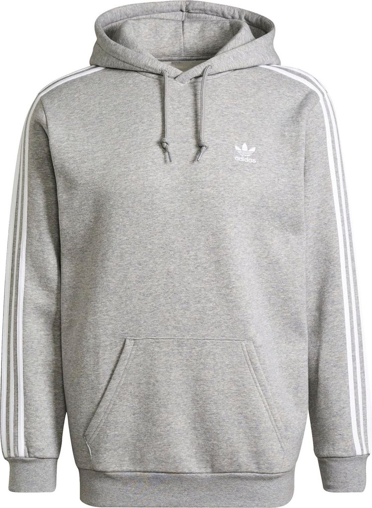 A plain studio shot of a grey Adidas hoodie.